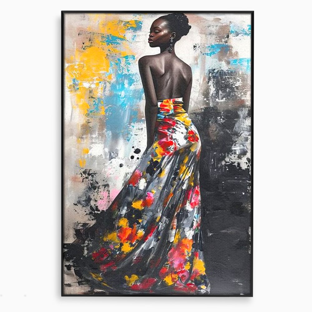 Tablou canvas cu tablou canvas cu portret de femeie, in rama de aluminiu negru